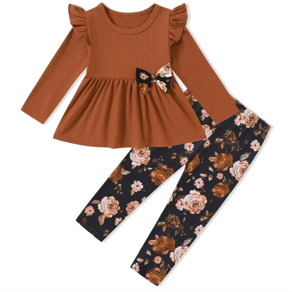 Sanmio Size 4-5Y Brown Floral Ruffle Longsleeve Outfit